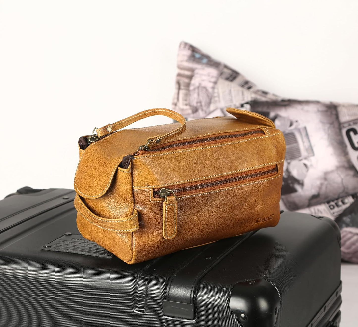 Premium Buffalo Leather Unisex Toiletry Bag Travel Dopp Kit Shaving kit (Distressed Tan)