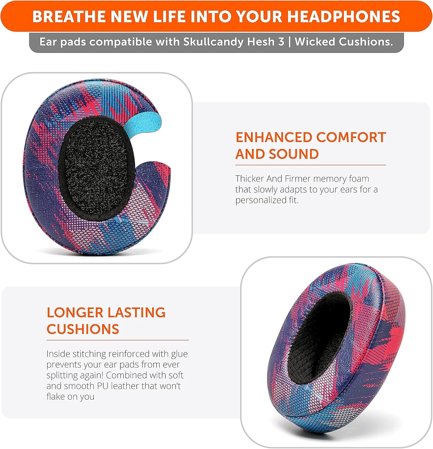 WC Replacement Earpad Cushions for Skullcandy Hesh 3 & Crusher Over-Ear Headphones Made by Wicked Cushions | Improved Durability and Thickness for Improved Comfort and Noise Isolation | 90's Black