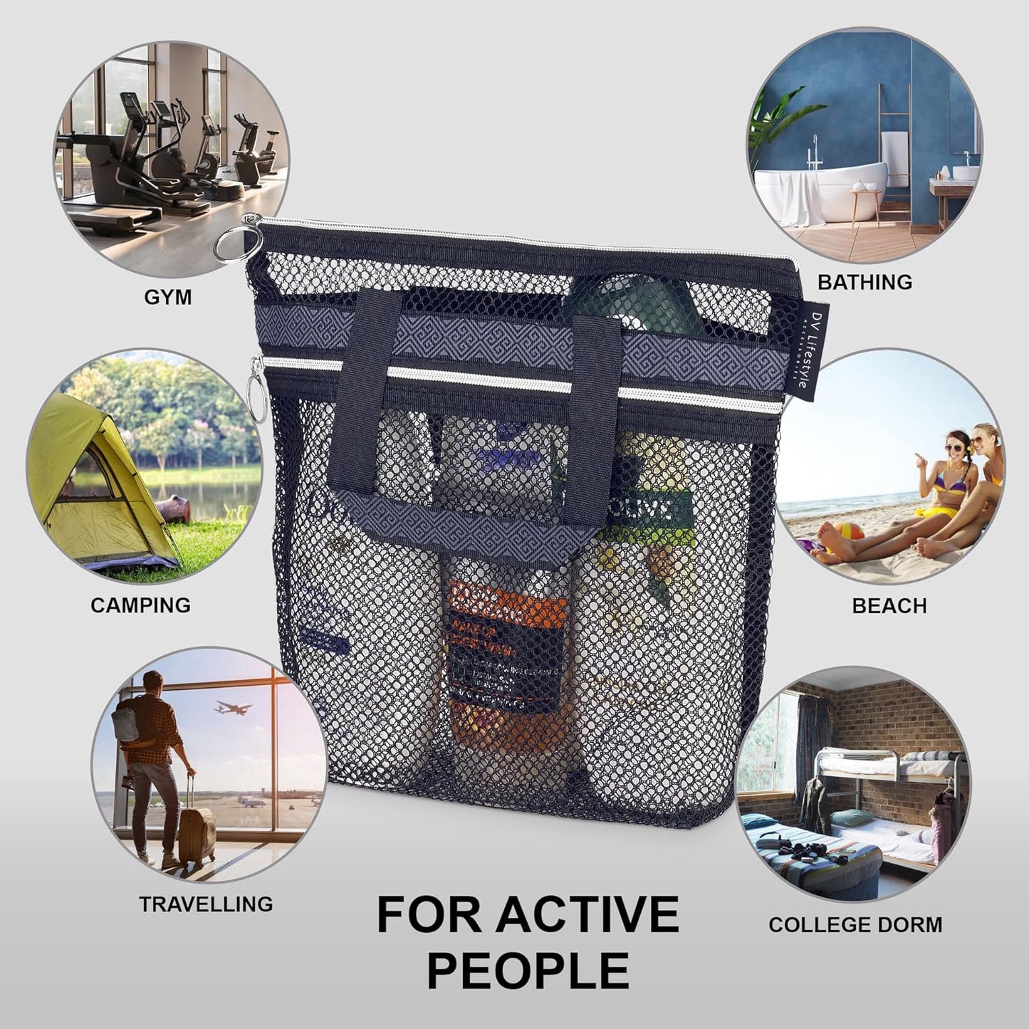Mesh Shower Caddy Portable 10.2x9.9'' Shower Bag with Zipper & 2 Pockets. Shower Tote Ideal for Gym, Travel, Camp, Beach, for Sunscreen, Dorm & College Essentials (Black)