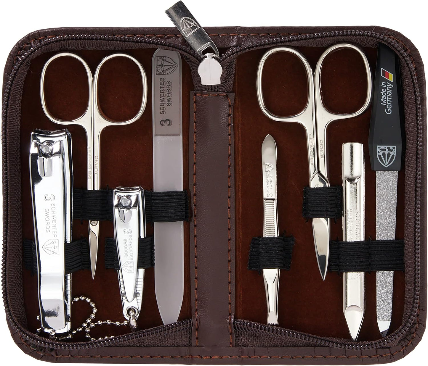 3 Swords Germany - brand quality 8 piece manicure pedicure grooming kit set for professional finger & toe nail care scissors clipper fashion leather case camou in gift box, Made in Germany