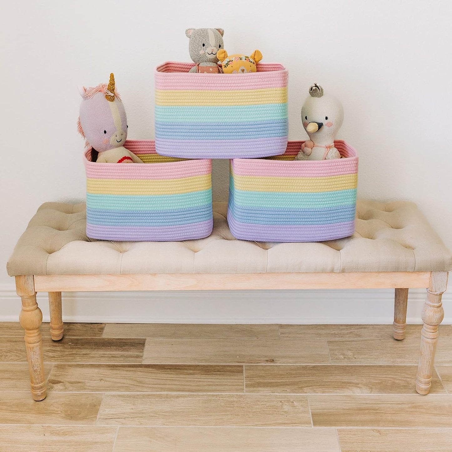 OrganiHaus Soft Woven Baskets for Storage Organization Set of 3, Cotton Rope Nursery Storage Baskets for Shelves, Square Book Bins, Bathroom Towel Hamper, Dog Toy Bins, Panier Rangement - Light Honey
