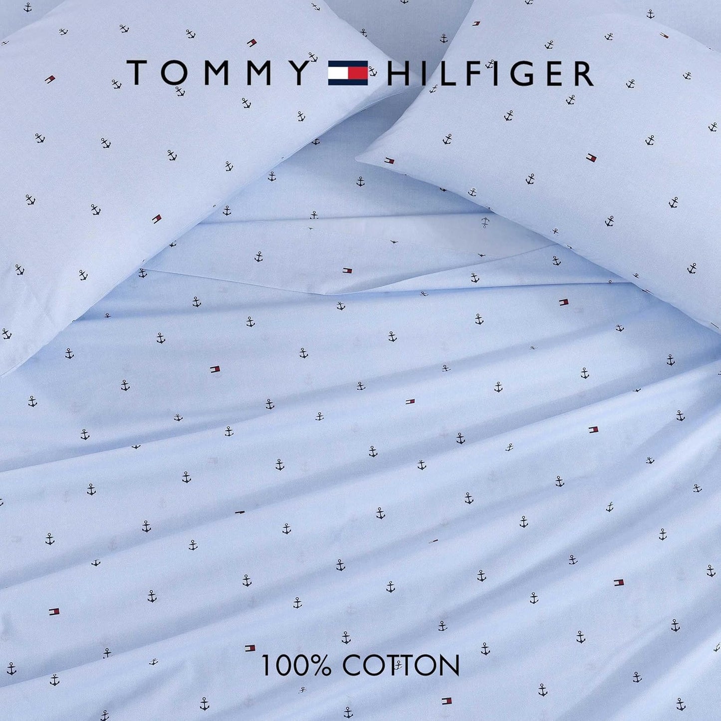 Tommy Hilfiger - Queen Bed Sheets, Crisp & Cool Cotton Percale Bedding with Matching Pillowcases, Lightweight Bed Set, Oeko-Tex Certified (Anchor and Flag Light Blue)