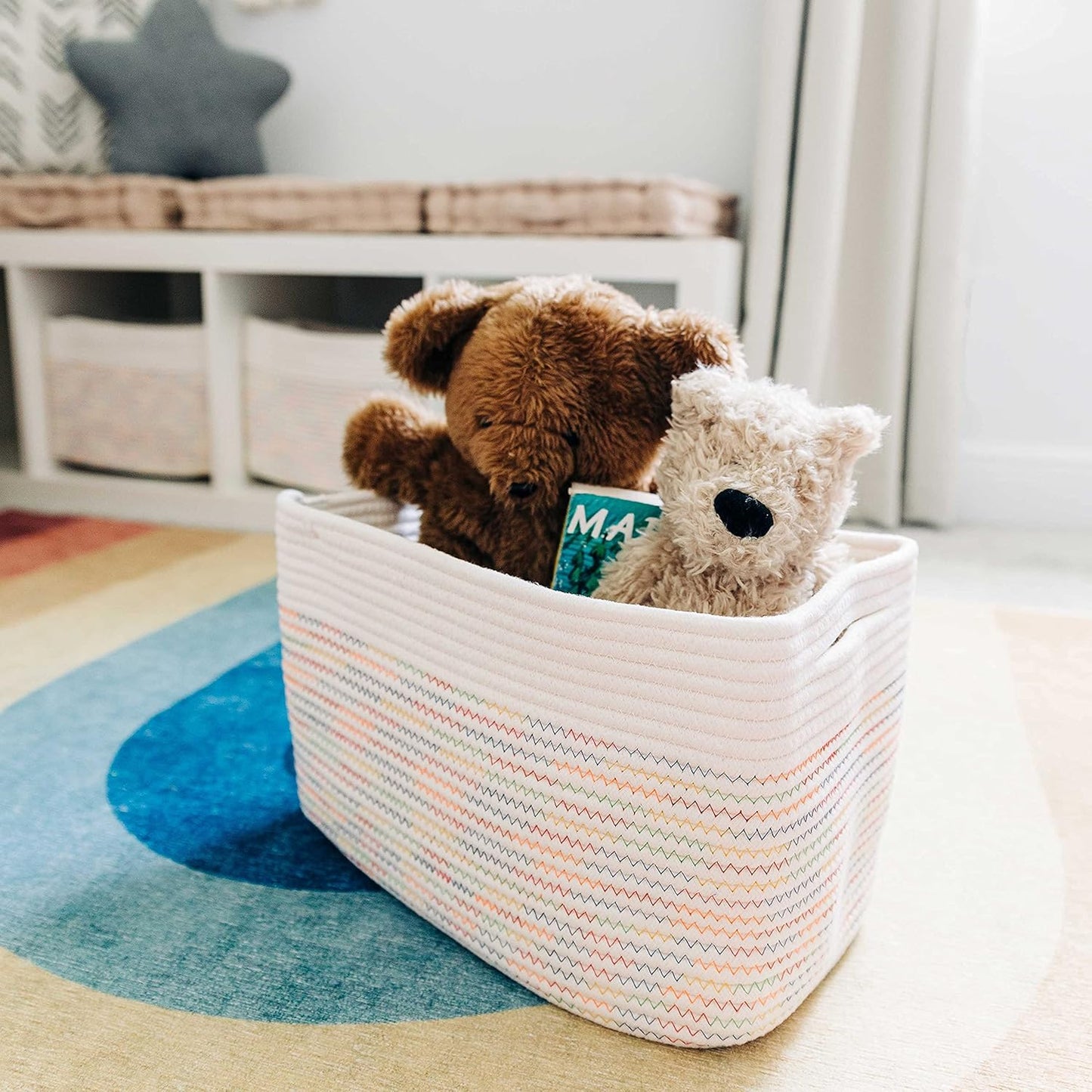 OrganiHaus Soft Woven Baskets for Storage Organization Set of 3, Cotton Rope Nursery Storage Baskets for Shelves, Square Book Bins, Bathroom Towel Hamper, Dog Toy Bins, Panier Rangement - Light Honey