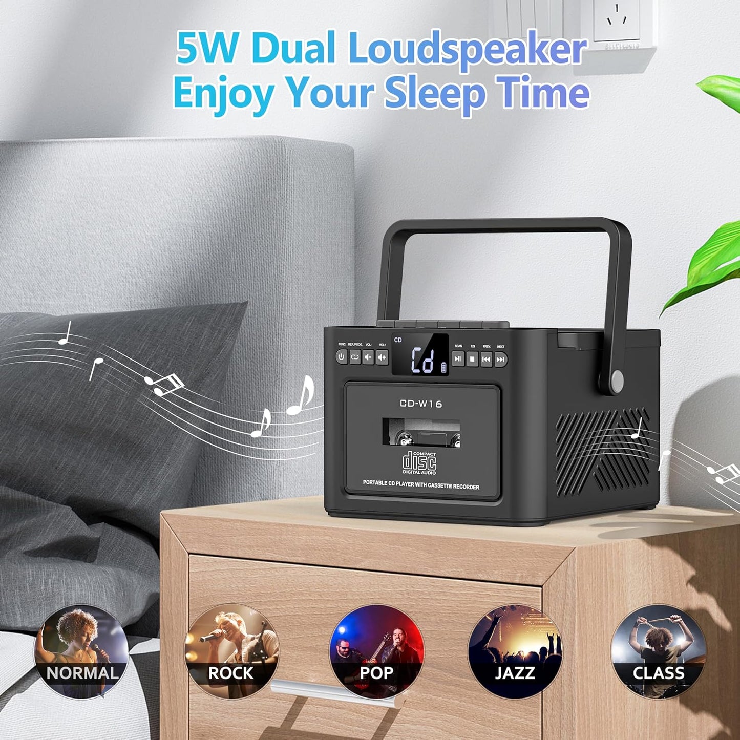 Greadio CD Player Portable, Boombox with CD Cassette Player, 5000mAh Rechargeable Battery Boom Box with Remote Control, Bluetooth 5.1, FM Radio, AUX/USB/SD Card-in, 5W Speaker, LED Screen, Black