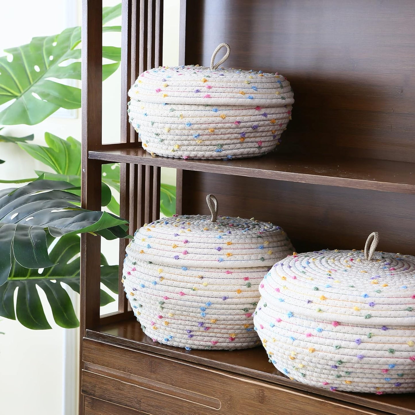 Sea Team Round Cotton Rope Storage Basket with Lid, Decorative Woven Storage Bin, Pot, Caddy, Organizer, Container for Snacks, Towels, Plants (Grey, Small)