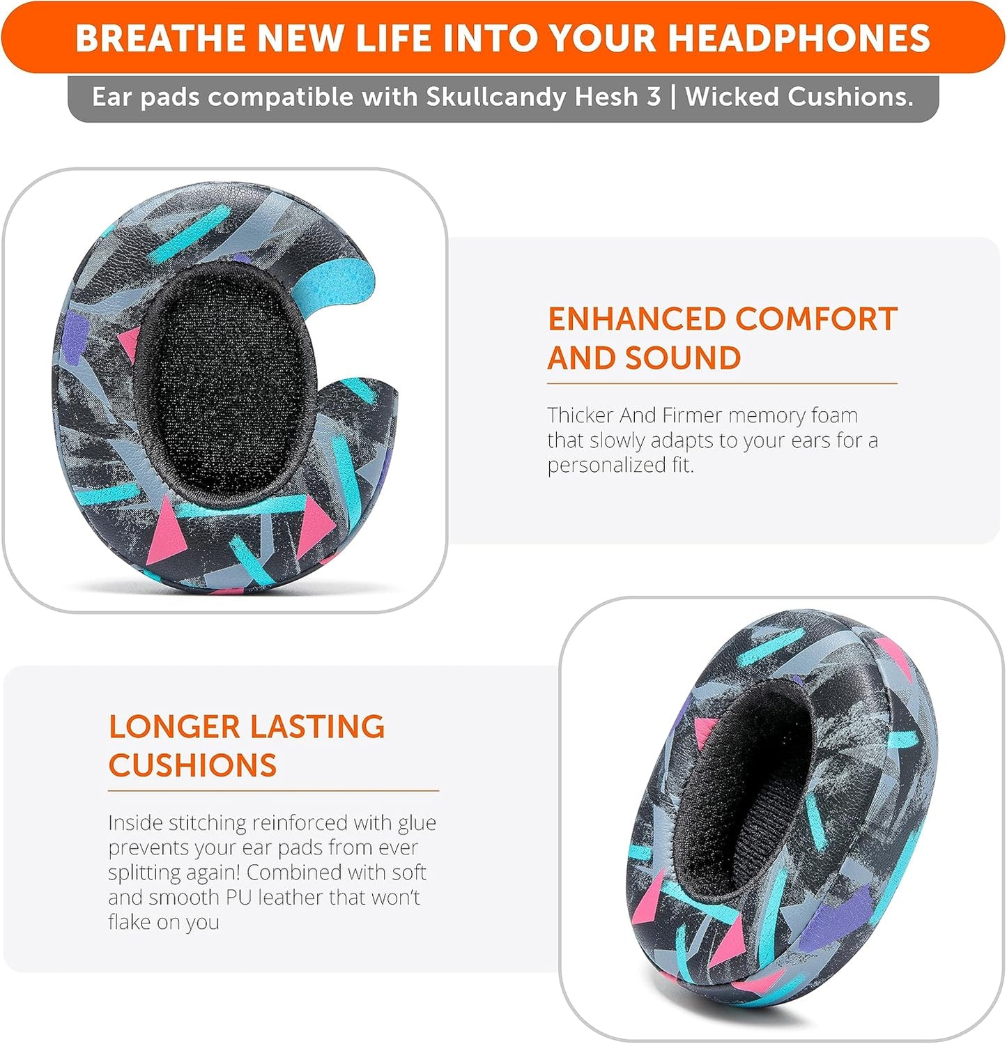 WC Replacement Earpad Cushions for Skullcandy Hesh 3 & Crusher Over-Ear Headphones Made by Wicked Cushions | Improved Durability and Thickness for Improved Comfort and Noise Isolation | 90's Black
