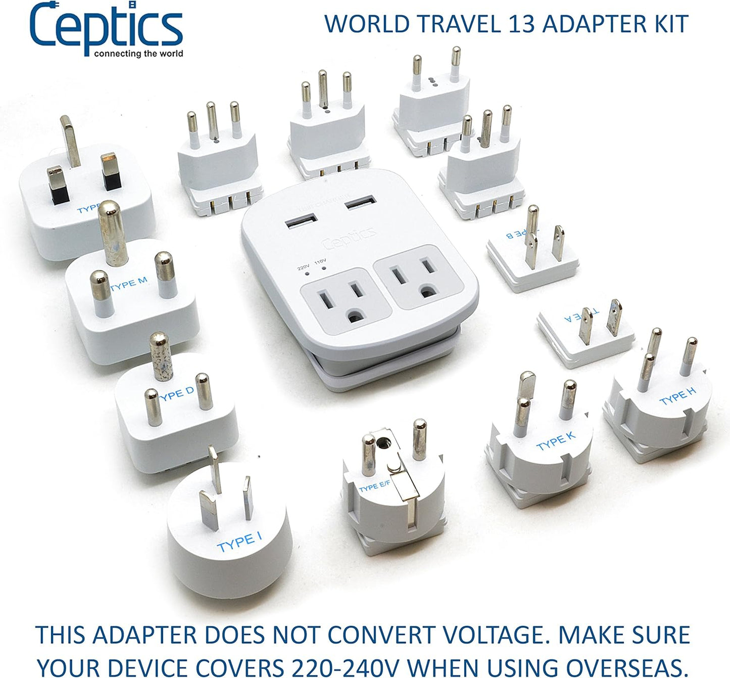 Ceptics Universal Travel Adapter kit, Dual USB (QC 3.0) + 2 US outlets + USB-C Cable, Use with Chargers, Cell Phones, Laptops, 6 Plug attachments for Worldwide use (Does Not Convert Voltage) (WPS-2B)