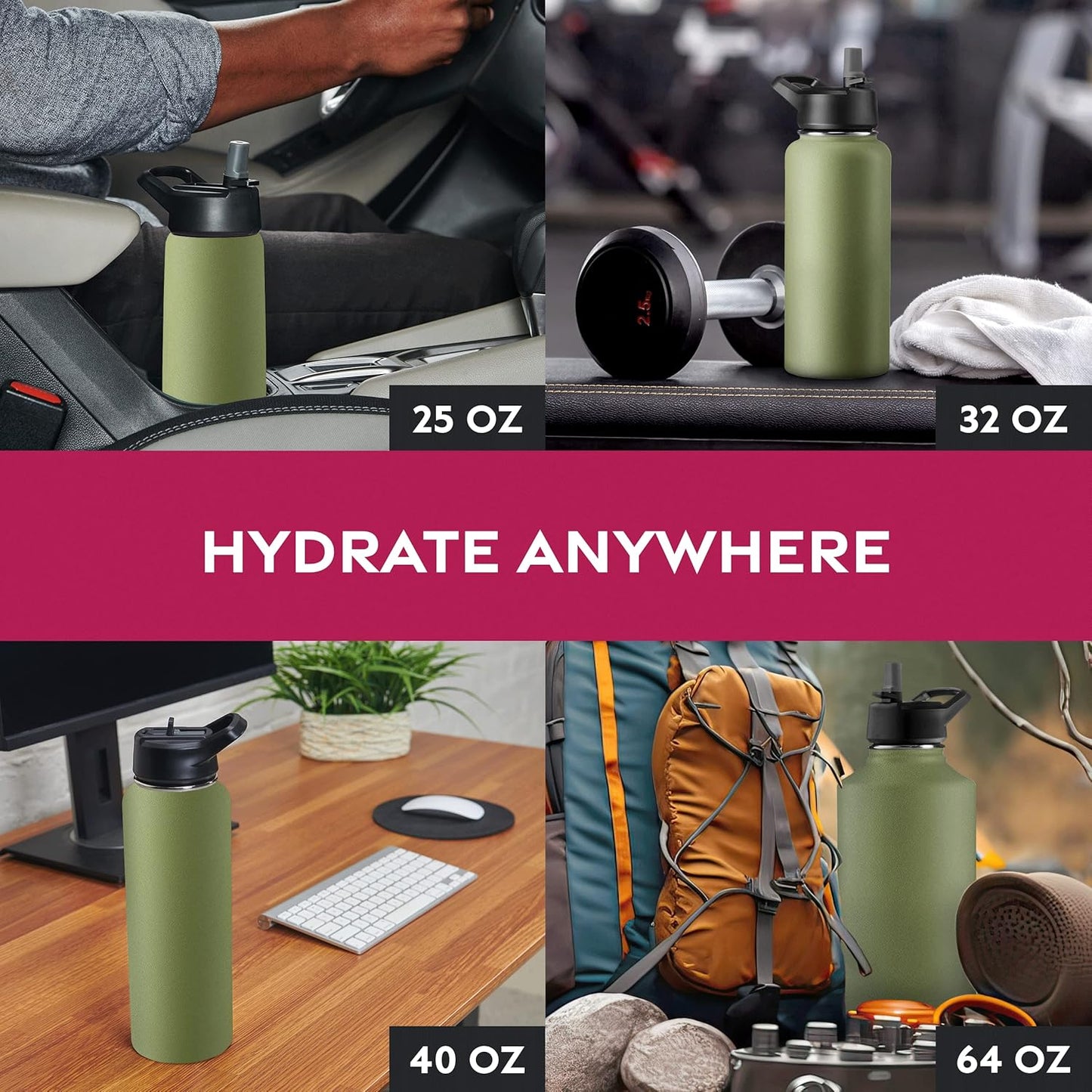 FineDine Water Bottle - Stainless Steel Insulated Water Bottle with Straw Lid, Flip Lid & Wide-Mouth Cap - Keeps Hot and Cold - 25 Oz / 739ml - Pure Pearly White