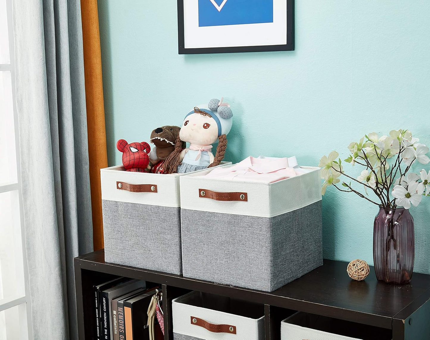 DECOMOMO Fabric Cube Storage Bin - Storage Baskets for Shelves, Kallax (Grey & White, 13 inch Cube) - 4 Pack