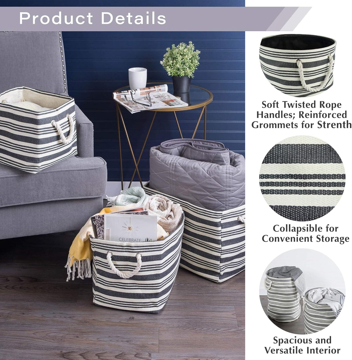 DII Storage Basket or Bin, Collapsible & Convenient Storage Solution for Office, Bedroom, Closet, Toys, Laundry (Large) - Pink Rugby Stripe