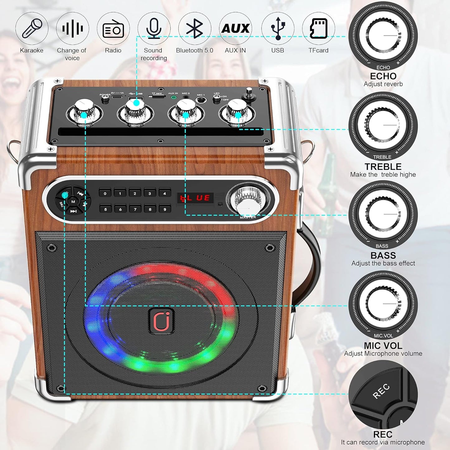 JYX Karaoke Machine with Two Wireless Microphones, Portable Bluetooth Speaker with Bass/Treble Adjustment, Remote Control and LED Lights, Supports TF Card/USB, AUX in, FM, REC for Party