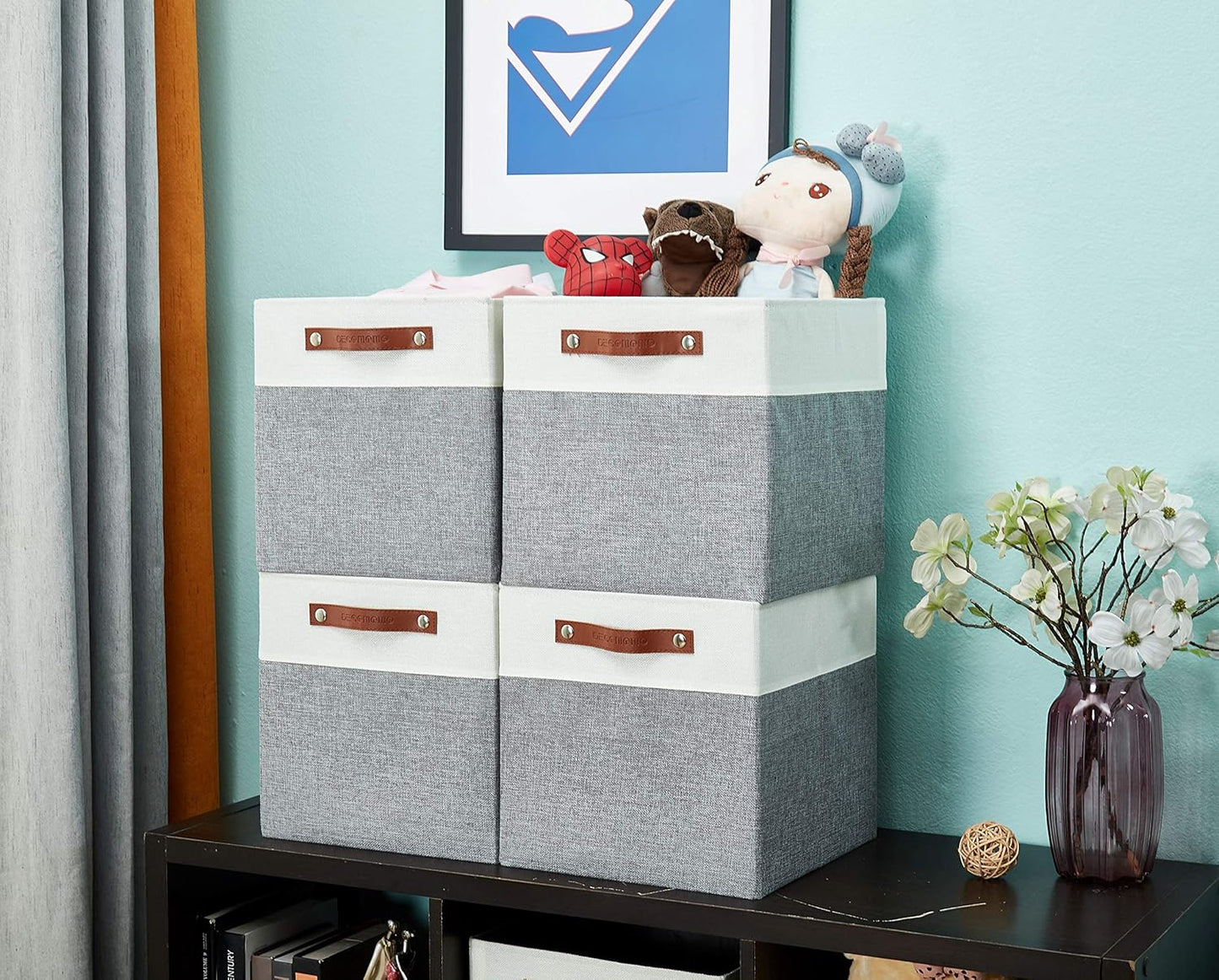 DECOMOMO Fabric Cube Storage Bin - Storage Baskets for Shelves, Kallax (Grey & White, 13 inch Cube) - 4 Pack