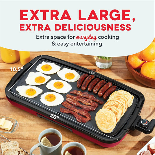 DASH Deluxe Everyday Electric Griddle with Dishwasher Safe Removable Nonstick Cooking Plate for Pancakes, Burgers, Eggs and more, Includes Drip Tray + Recipe Book, 20” x 10.5”, 1500-Watt - Red - PuriLite