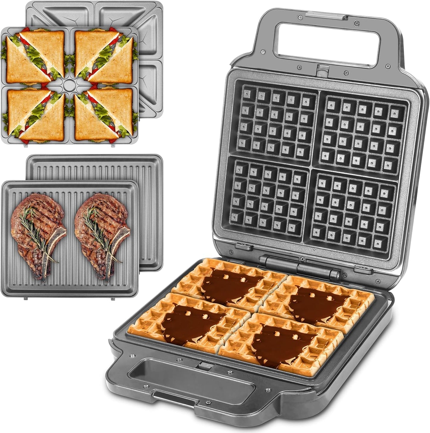 FineMade Belgian Waffle Maker with Removable Plates, Waflera Electrica, Large Waffle Iron, 3 in 1 Panini Grill Press Breakfast Sandwich Maker, Electric Griddle, Grilled Cheese Maker, Breakfast Station