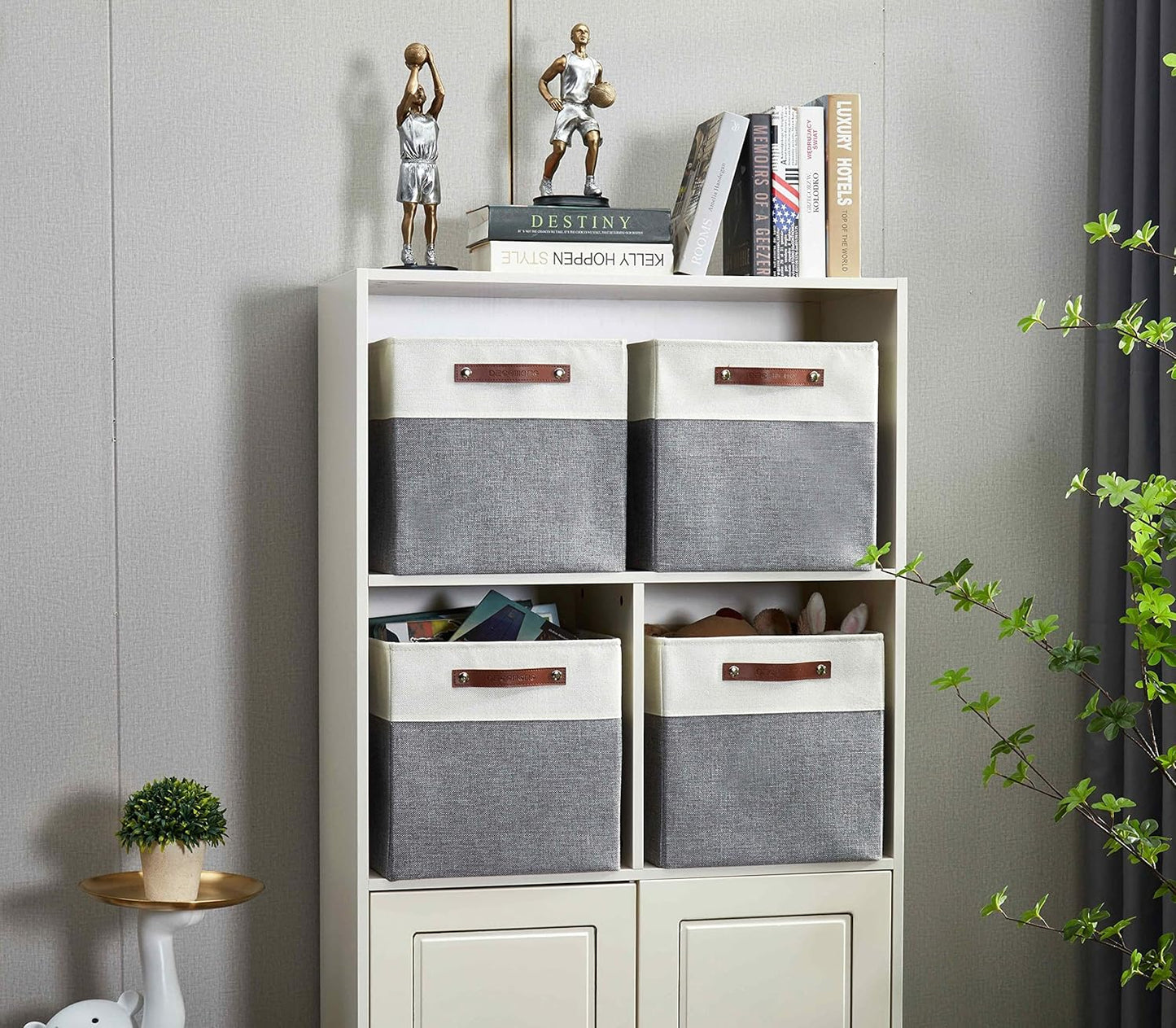 DECOMOMO Fabric Cube Storage Bin - Storage Baskets for Shelves, Kallax (Grey & White, 13 inch Cube) - 4 Pack