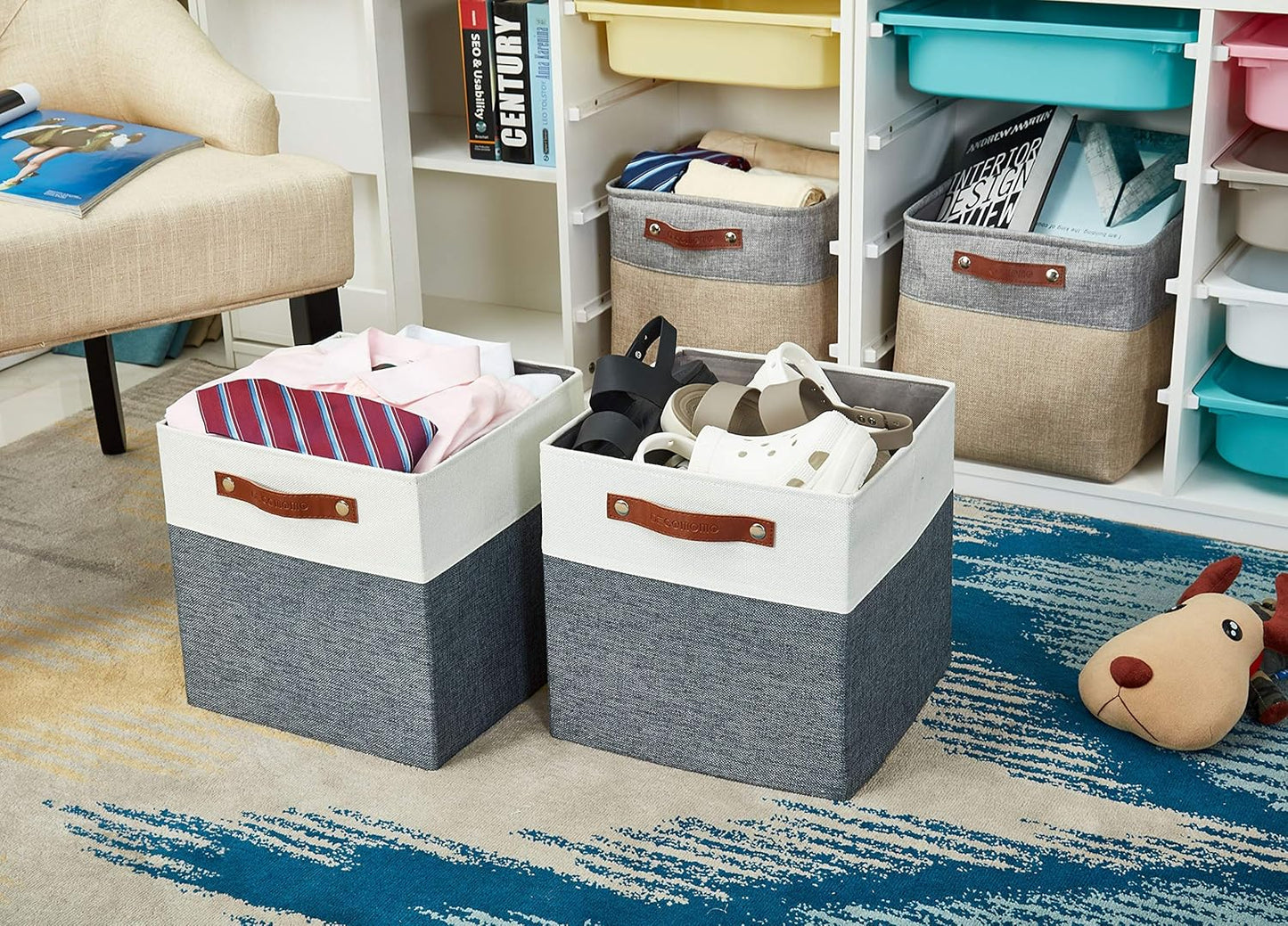 DECOMOMO Fabric Cube Storage Bin - Storage Baskets for Shelves, Kallax (Grey & White, 13 inch Cube) - 4 Pack