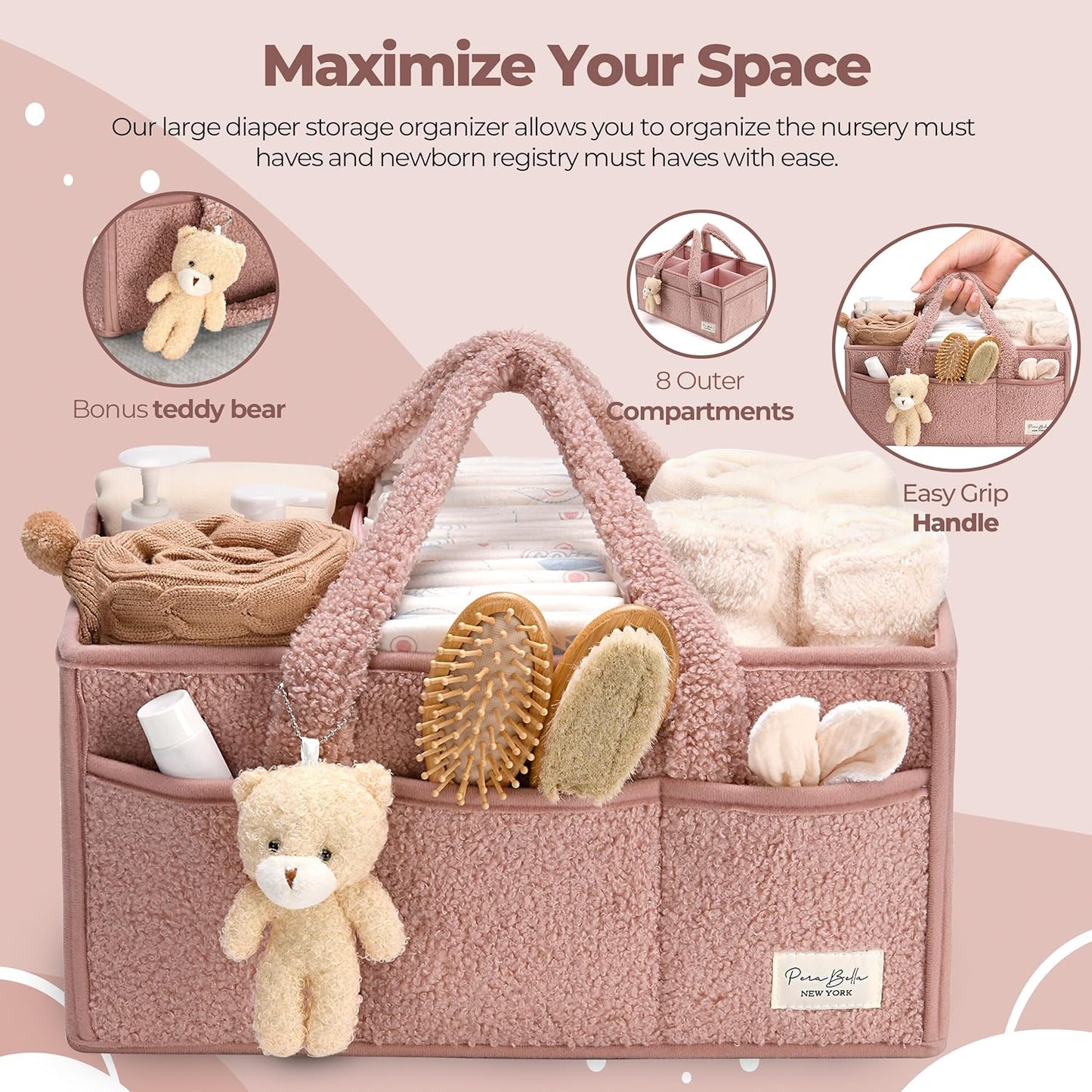PeraBella Baby Diaper Caddy Organizer, Baby Organizers and Storage for Changing Table, Babies Shower Gift Basket for Boy &Girl, Nursery Essentials Car Caddy Organizer with Handle, White Diaper Basket