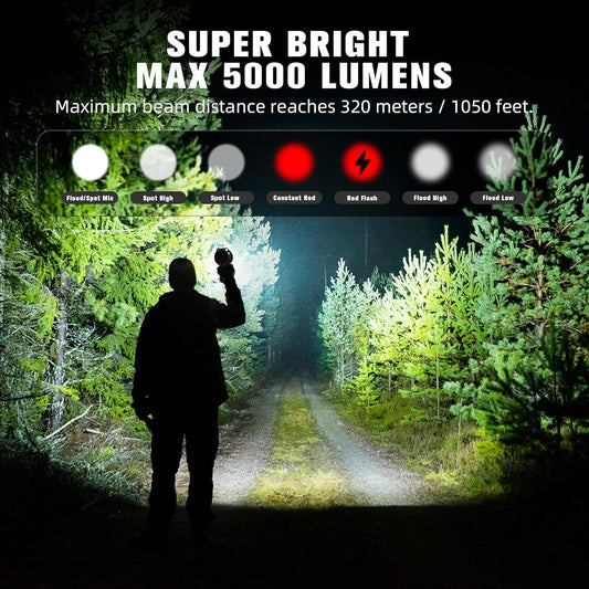 FORTO Rechargeable Spotlight 5000LM, IPX7 Waterproof Flashlight with 5200mAh Long-Lasting Battery, 7 Modes Handheld Light with EVA Case, for Boat, Hunting, Emergency, Outdoor Use