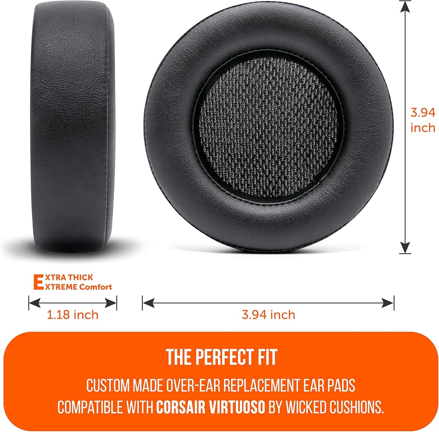 WC Upgraded Replacement Earpads for Corsair Virtuoso RGB Wireless Gaming Headset Made by Wicked Cushions | Improved Durability, Thickness, Softer Leather, and Sound Isolation | (90s Black)
