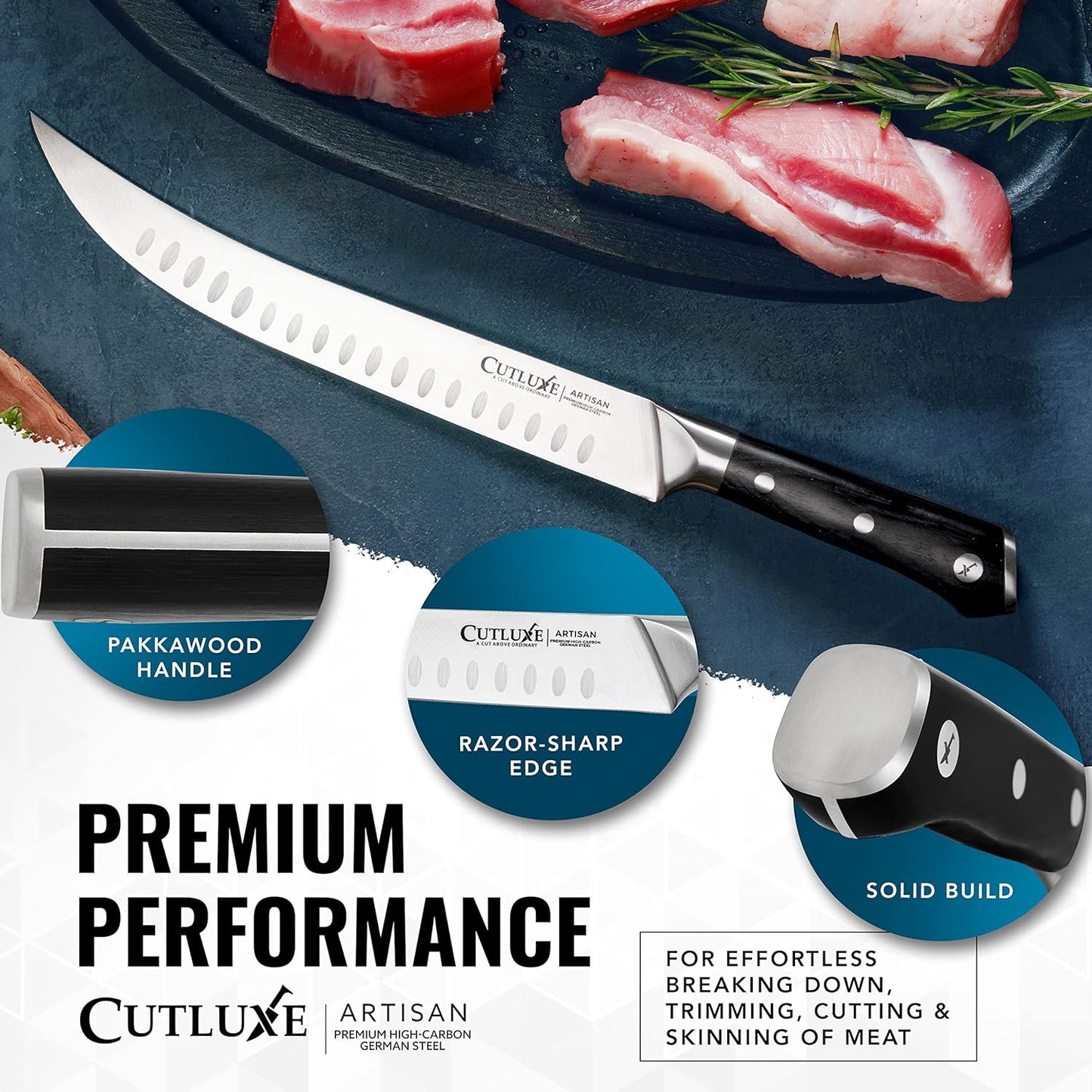 Cutluxe Butcher Knife – 10″ Cimeter Breaking Knife, Razor Sharp Forged High Carbon German Steel, Full Tang Carving Knife, Ergonomic Handle Design – Artisan Series