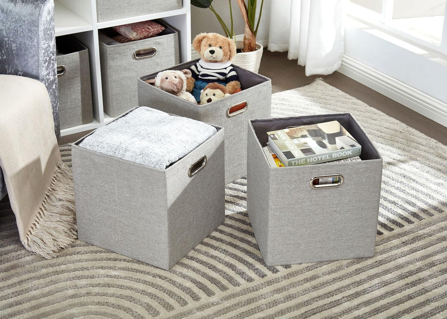DECOMOMO Fabric Cube Storage Bin - Storage Baskets for Shelves, Kallax (Grey & White, 13 inch Cube) - 4 Pack