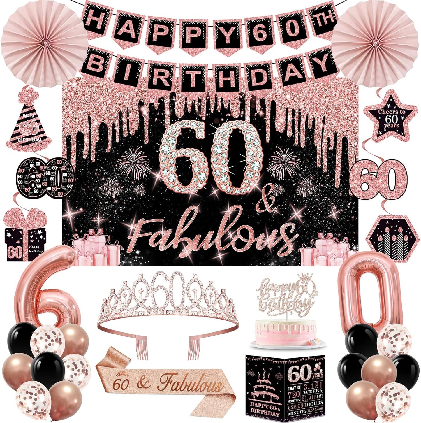 40th Birthday Decorations for Women,32pcs 40th Birthday Party Decorations,Including Backdrop, Crown,Sash,banner, Hanging Swirl,Cake Topper,balloons,Paper Fans,Anniversary Card and paper fans