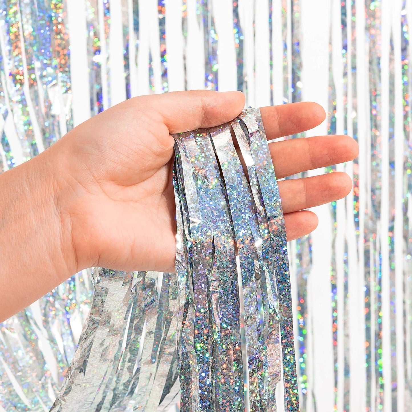 GREATRIL Iridescent Party Tinsel Fringe Backdrop Decorations - Holographic Foil Streamers Curtain for Mermaid/Under The Sea/Frozen/Ocean/Disco/Birthday Themed 3.2ft x 6.5ft - 2 PCS