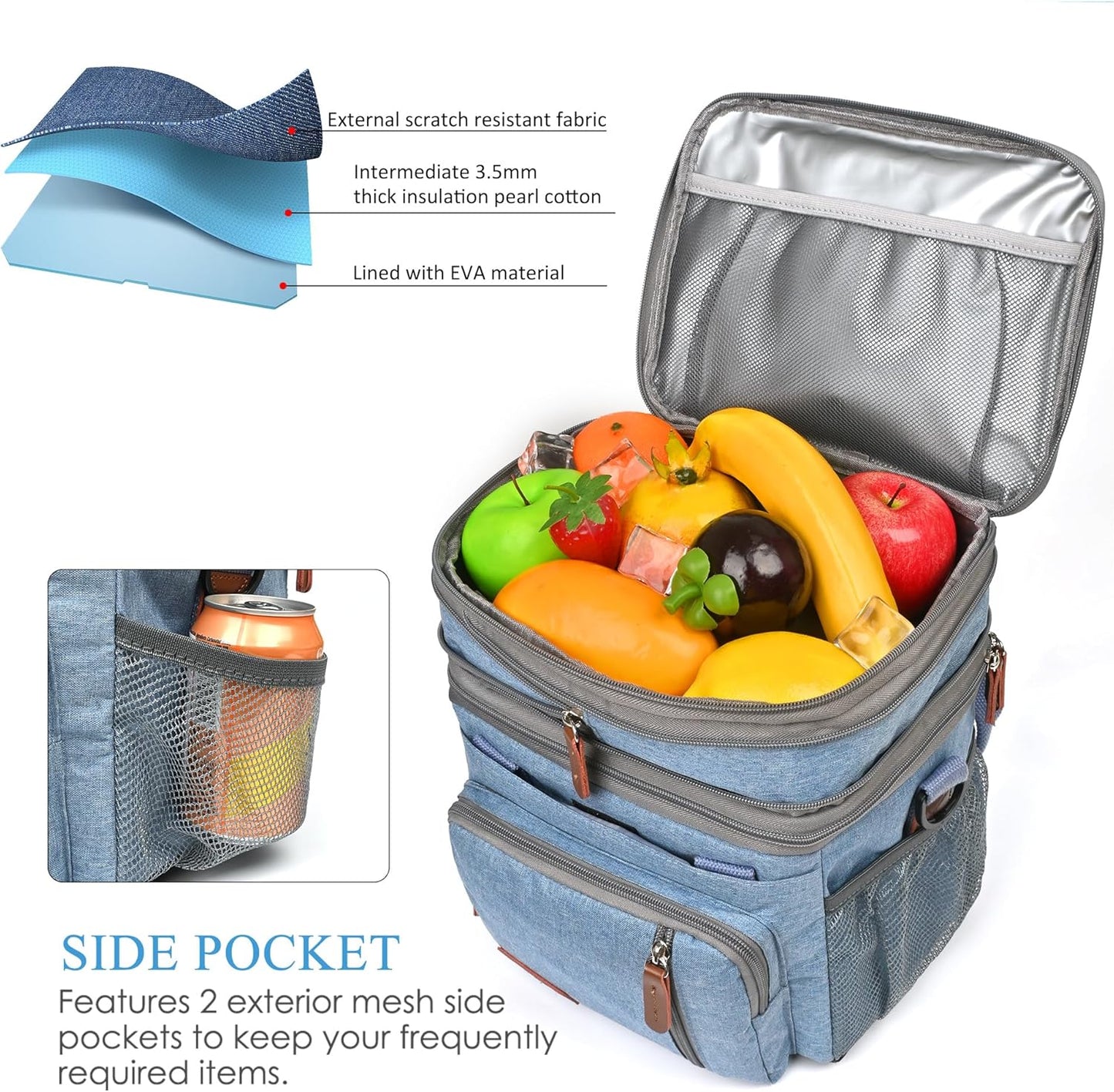 Lunch Bag for Women Men Double Deck Lunch Box - Leakproof Insulated Soft Large Lunch Cooler Bag, MIYCOO (Black,15L)