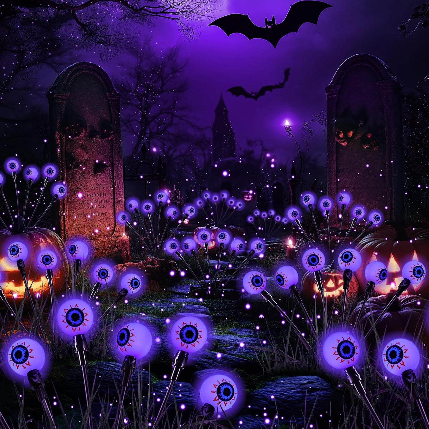 iBaycon 2 Pack 12 LED Solar Eyeball Lights, Halloween Decorations Firefly Lights Outdoor Waterproof, 2 Modes Solar Powered Swaying Light for Yard Garden Landscape Decor (Purple)