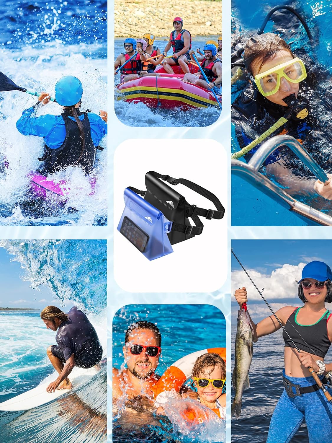 HEETA 2-Pack Waterproof Pouch with Waist Strap, Screen Touchable Dry Bag with Adjustable Belt for Phone Valuables for Kayaking Swimming Snorkeling Boating Fishing Surfing Beach (Black & Blue)