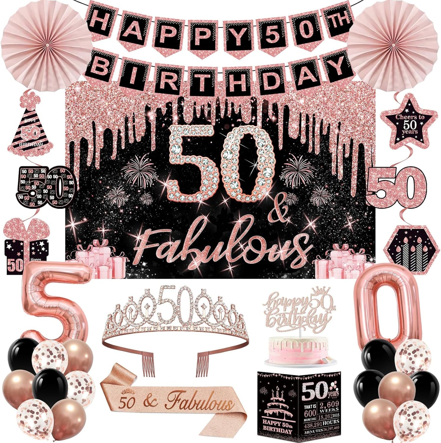 40th Birthday Decorations for Women,32pcs 40th Birthday Party Decorations,Including Backdrop, Crown,Sash,banner, Hanging Swirl,Cake Topper,balloons,Paper Fans,Anniversary Card and paper fans