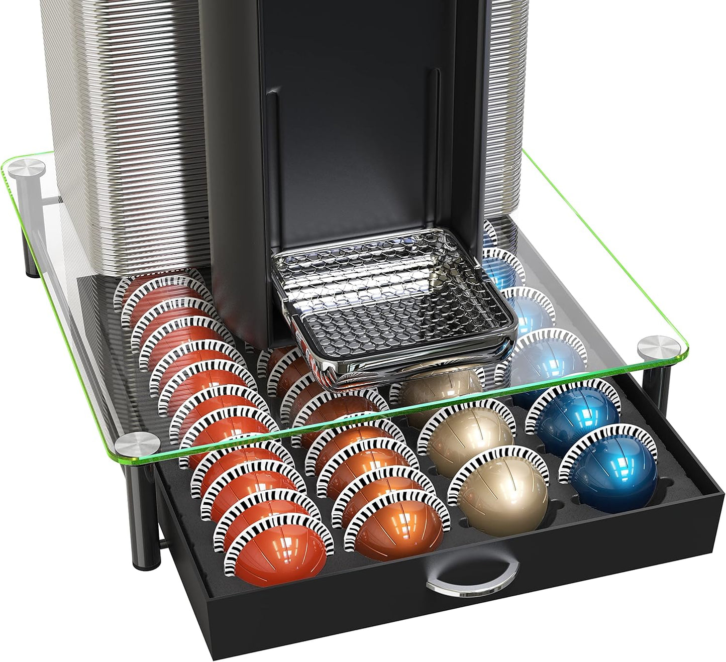 DecoBrothers Vertuo Pod Holder VertuoLine Drawer Storage for Nespresso Coffee Capsules, Crystal Tempered Glass, White