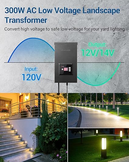 DEWENWILS 300W Low Voltage Transformer with 3 Independent Control Outputs, Landscape Transformer with Timer and Photocell Sensor, 120V AC to 12V/14V AC, Weatherproof, ETL Listed - PuriLite