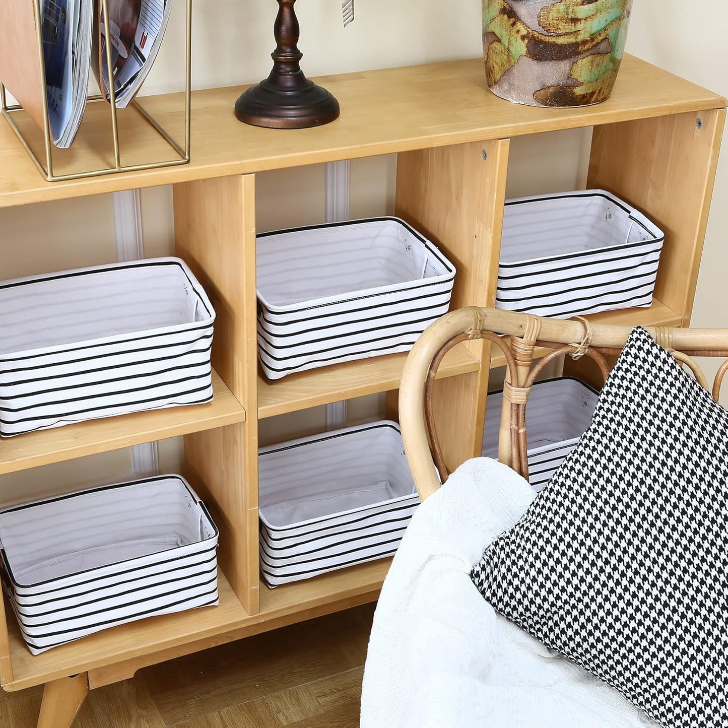 Hinwo 6-Pack Small Canvas Fabric Storage Baskets Set with Handles, Open Storage Bins, Cube Storage Organizer, Shelf Organizer Bins for Closet, 7.9L, 12 x 8 x 5 Inches, Grey Stripe