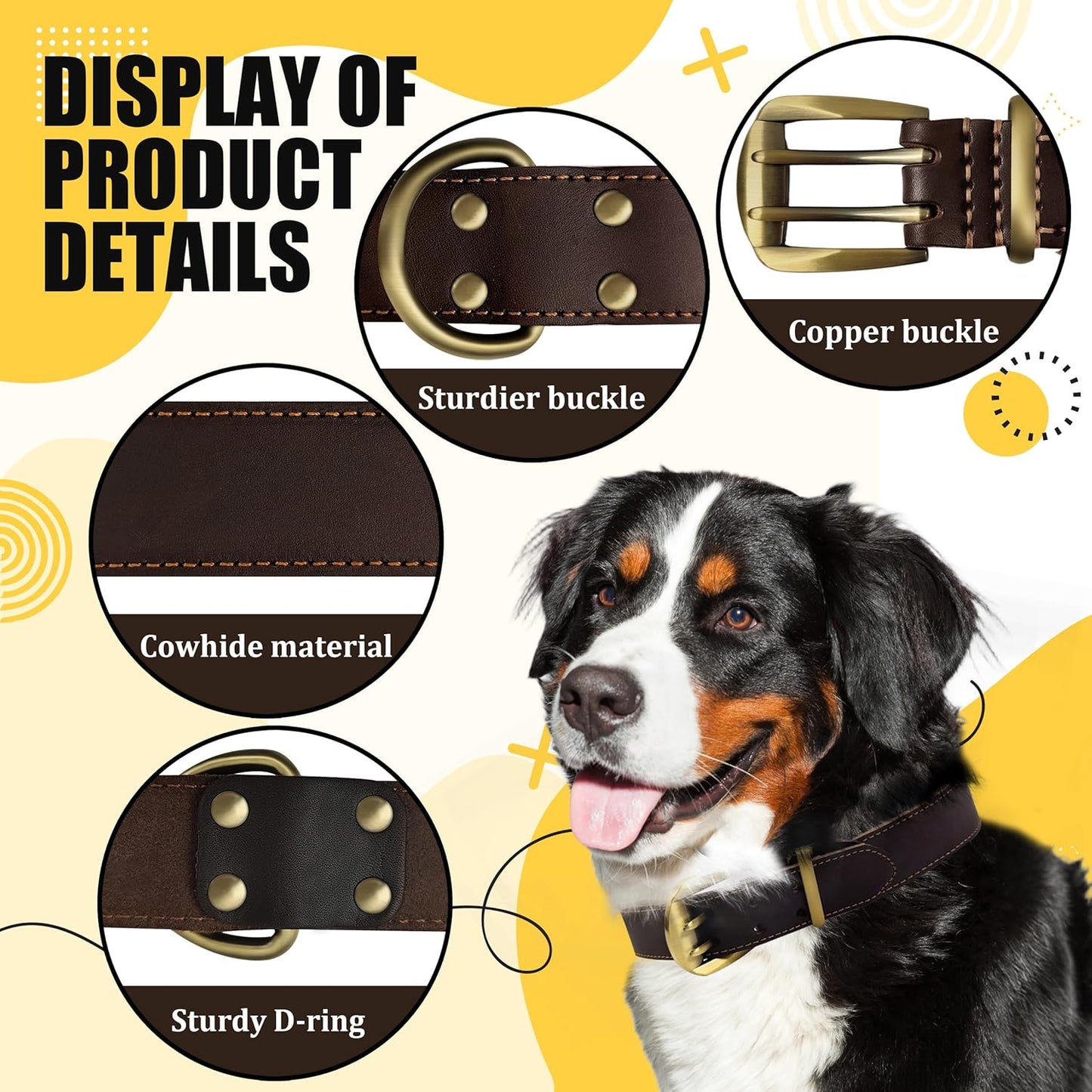 QRDA Leather Dog Collar Brown Dog Training Collar Heavy Duty Premium Leather Dog Collar Dog Collars for Medium/Large Dogs
