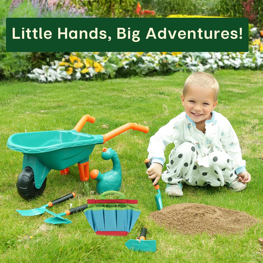 TINYLENS Kids Wheelbarrow with Garden Tool Set, Outdoor Toys Gardening Set for Toddlers 3+, Watering Can, Gloves, Hand Hoe, Washable Apron, Shovel and Fork, Gift for Boys Girls (Green) - PuriLite