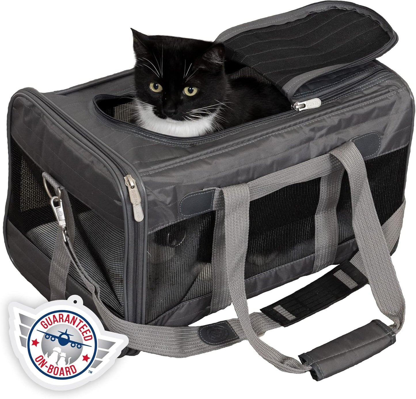 Sherpa Original Deluxe Travel Bag Pet Carrier, Airline Approved & Guaranteed-On-Board - Mesh Panels & Spring Frame, Locking Safety Zippers, Machine Washable Liner - Charcoal Gray, Medium