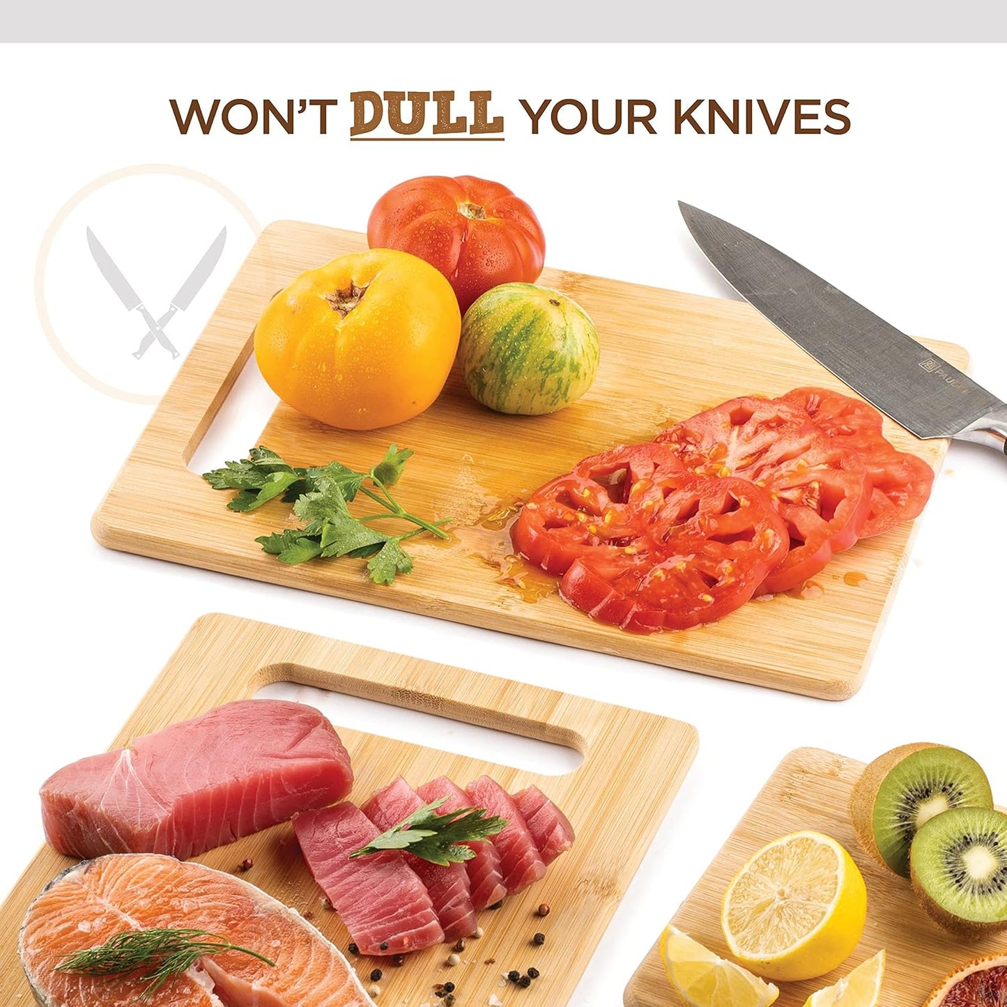 Bamboo Cutting Board Set - 3 Piece Wooden Cutting Board, 3 Assorted Sizes of Bamboo Wood Cutting Boards for Kitchen - Chopping Board for Food Prep, Chopping, Carving Meat, Fruits, Vegetables