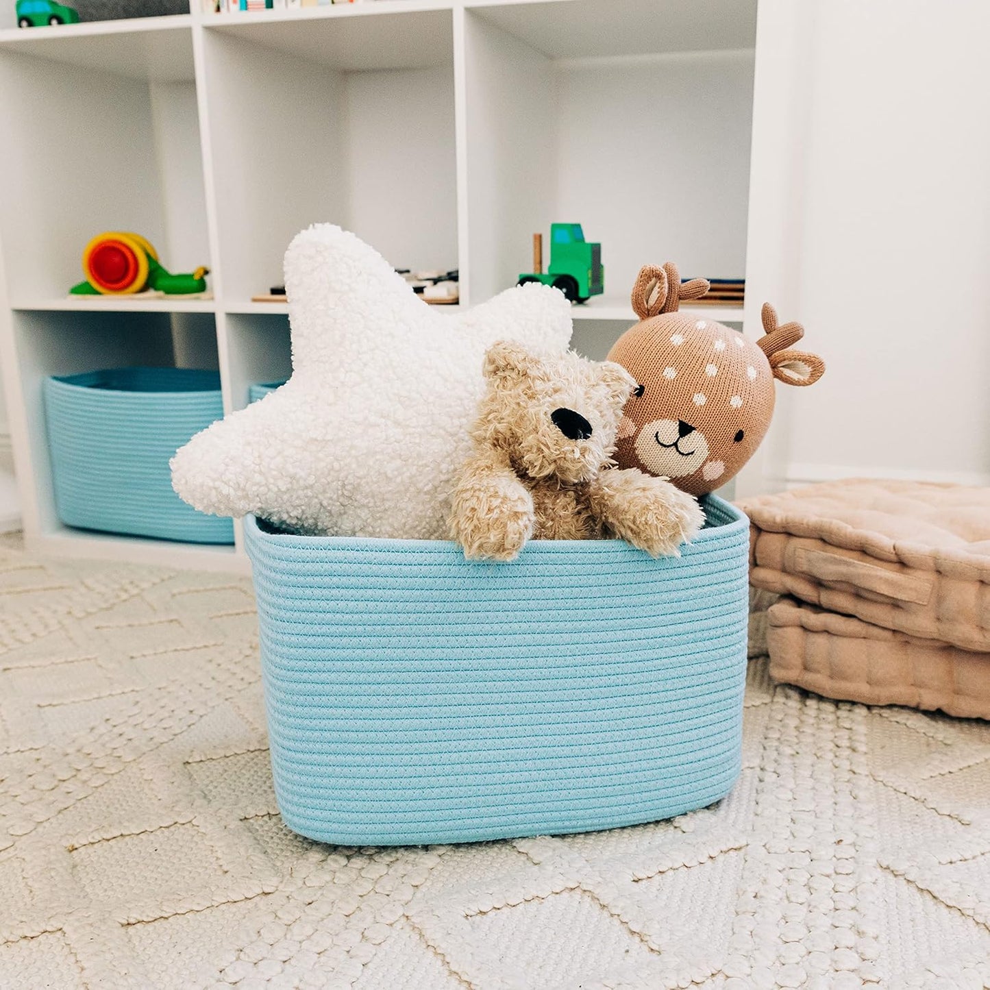 OrganiHaus Soft Woven Baskets for Storage Organization Set of 3, Cotton Rope Nursery Storage Baskets for Shelves, Square Book Bins, Bathroom Towel Hamper, Dog Toy Bins, Panier Rangement - Light Honey