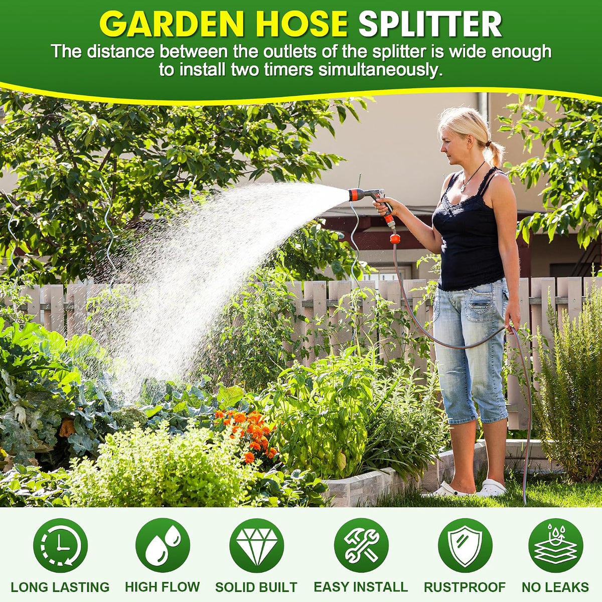 Hose Splitter 2 Way, Garden Hose Splitters, 3/4” GHT Inlet Brass Heavy Duty Hose Converter, Water 2 Way Faucet Hose Splitter, Long Handle Hose Valve Large Outlet.