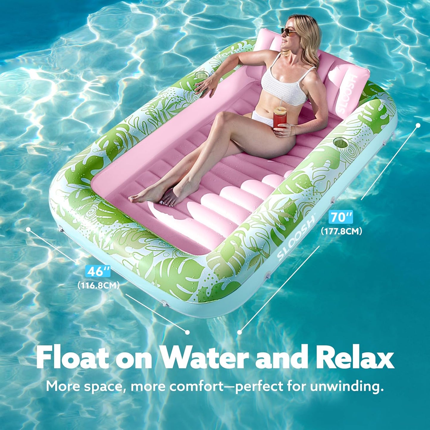 Sloosh Inflatable Tanning Pool Lounger Float-XL, 85" x 57" Extra Large Suntan Sun Tan tub for Adults, Bed Blow up, Raft Lounge Floatie, XL-Blue