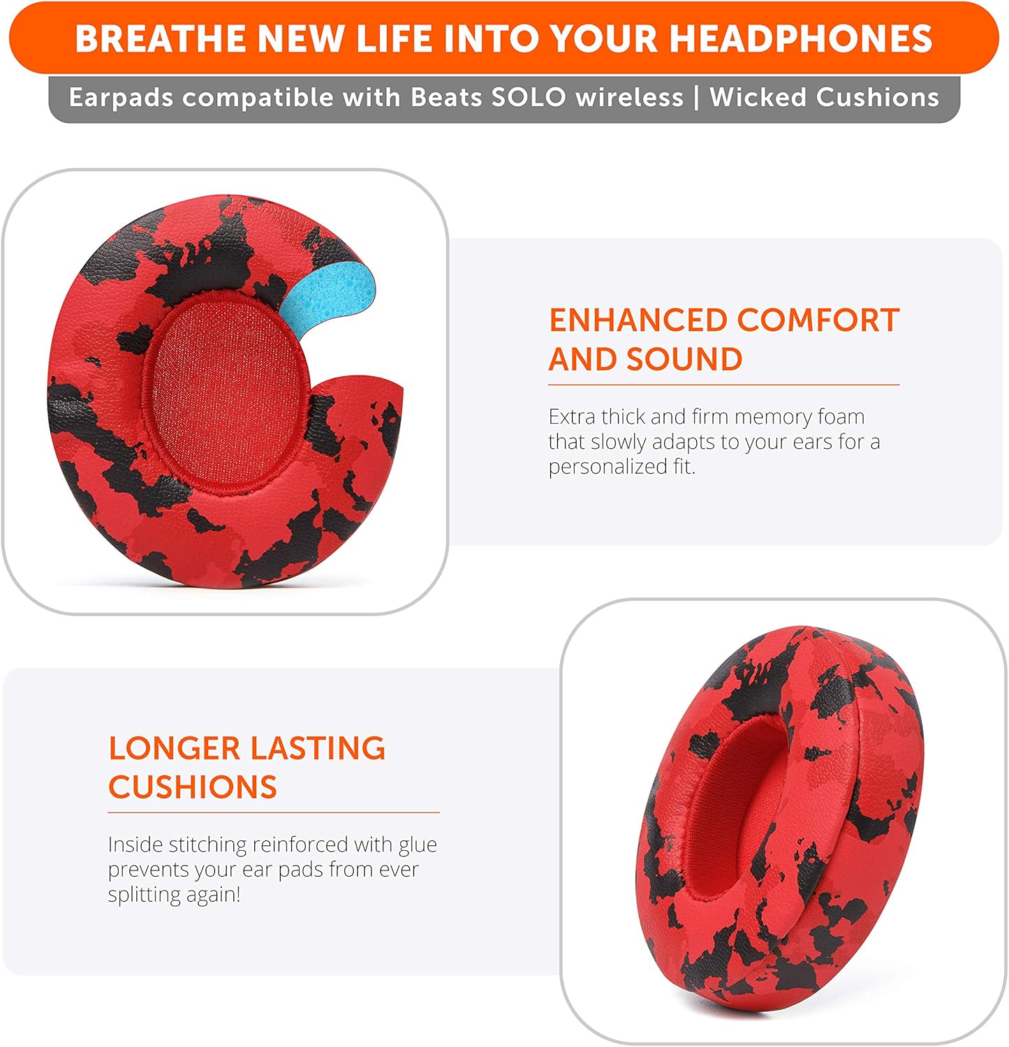 WC Extra Thick Replacement Earpads for Beats Solo 2 & 3 by Wicked Cushions - Ear Pads for Beats Solo 2 & 3 Wireless ON-Ear Headphones - Soft Leather, Luxury Memory Foam, Strong Adhesive | White