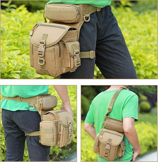 Azarxis Waterproof Airsoft Tactical Drop Leg Panel Utility Bag Hip Thigh Pouch Waist Pack Cross Over Leg Rig for Outdoor Bike Cycling Hiking (Khaki) - PuriLite