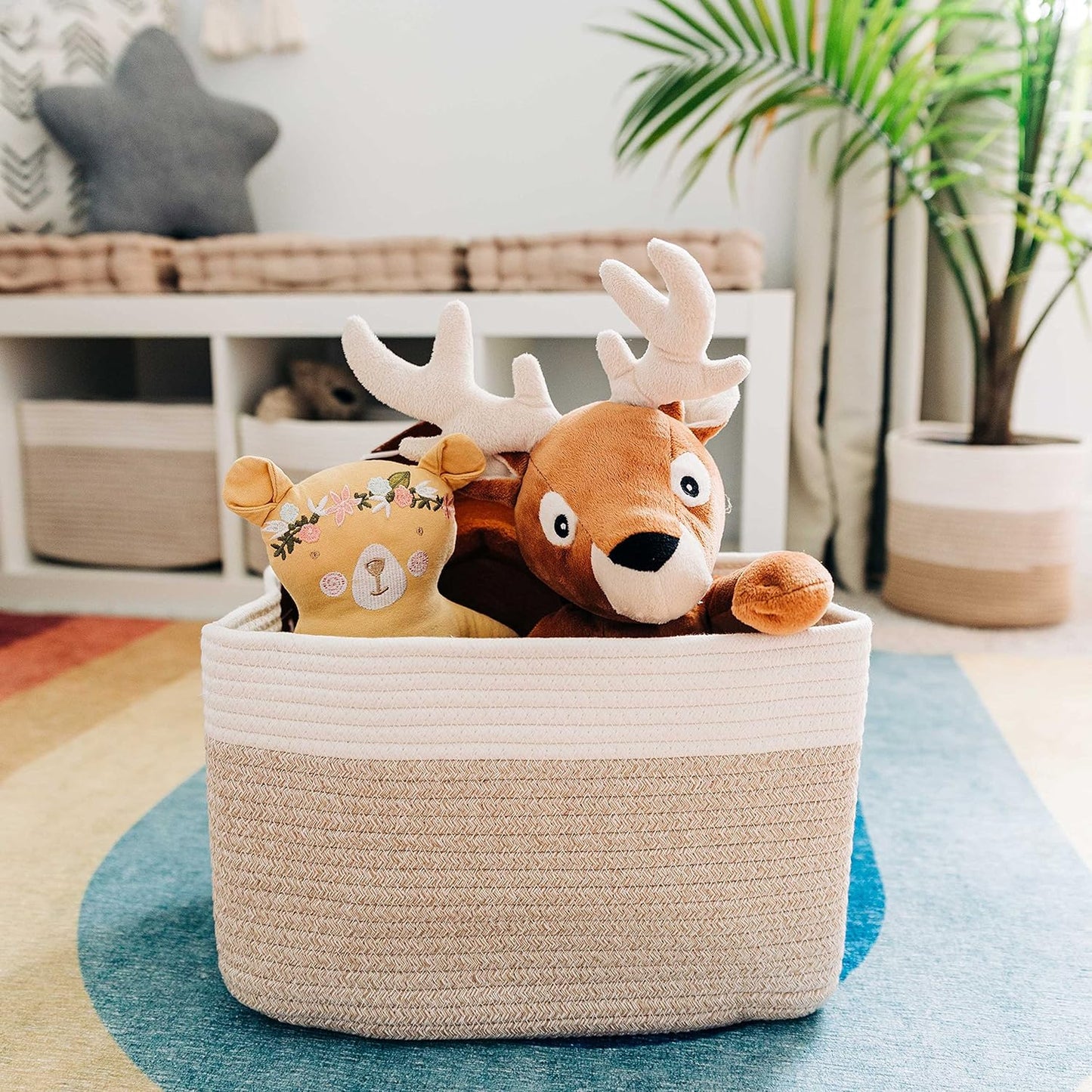 OrganiHaus Soft Woven Baskets for Storage Organization Set of 3, Cotton Rope Nursery Storage Baskets for Shelves, Square Book Bins, Bathroom Towel Hamper, Dog Toy Bins, Panier Rangement - Light Honey