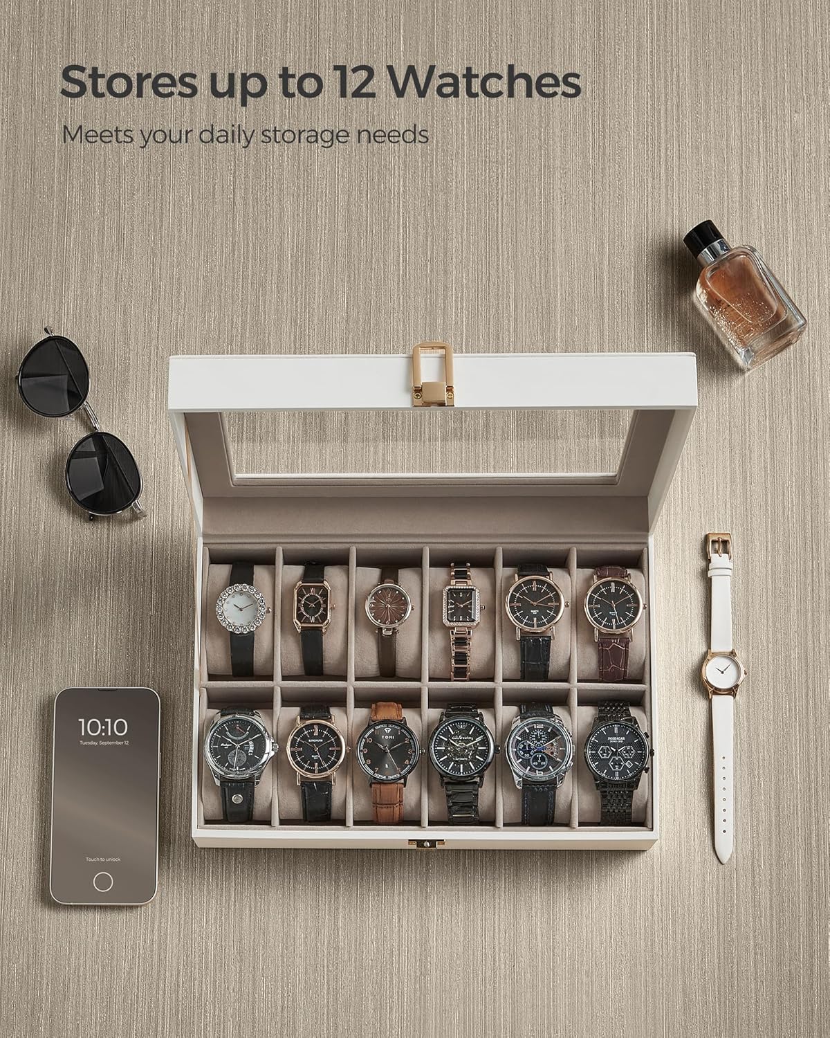 SONGMICS Watch Box, 6-Slot Watch Case, Watch Box Organizer, Black Synthetic Leather, Greenish Gray Lining UJWB06BK