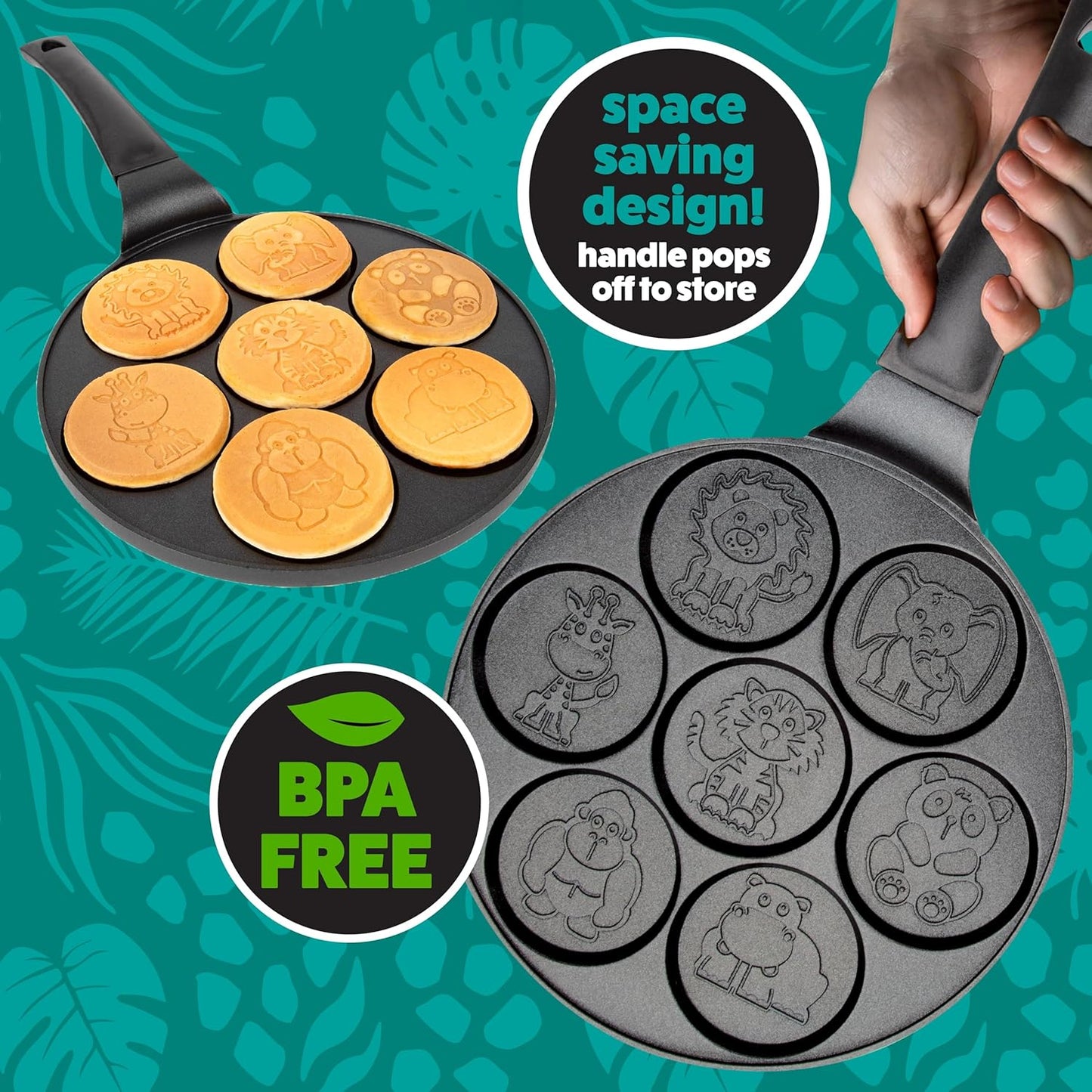Animal Mini Pancake Pan - Make 7 Unique Flapjack Zoo Animals, Including a Elephant, Giraffe and More- Nonstick Pan Cake Maker Griddle for Breakfast Fun & Easy Cleanup, Unique Holiday Breakfast or Gift