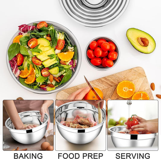 E-far Mixing Bowls with Lids Set, 7-Piece Stainless Steel Metal Mixing Bowls with 3 Grater Attachments, Size 4.6, 3.5, 2.6, 2, 1.5, 1, 0.7QT, Nesting Design & Black Airtight Lids, For Baking/Cooking - PuriLite