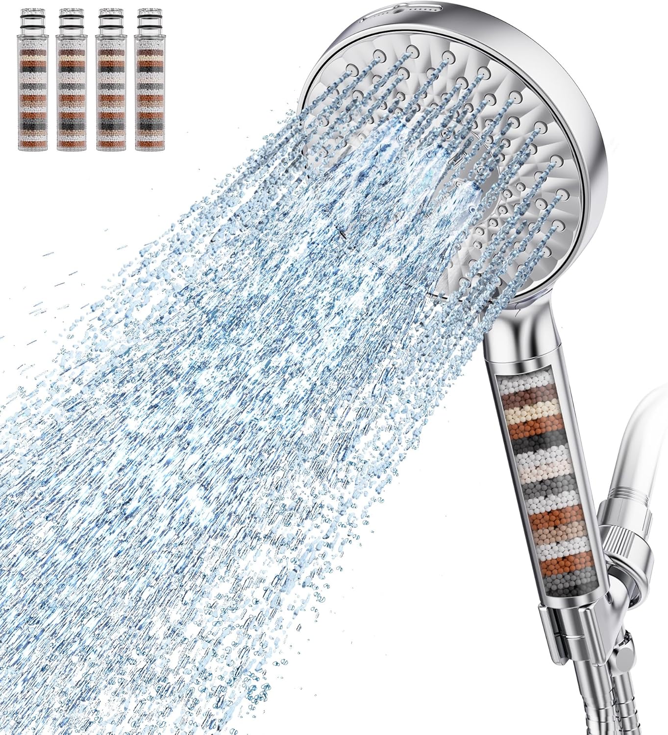 Filtered Shower Head with Handheld, High Pressure 9 Spray Mode Chrome Showerhead with Filters,Detachable Shower Head,Water Softener Filters Beads for Hard Water -Remove Chlorine
