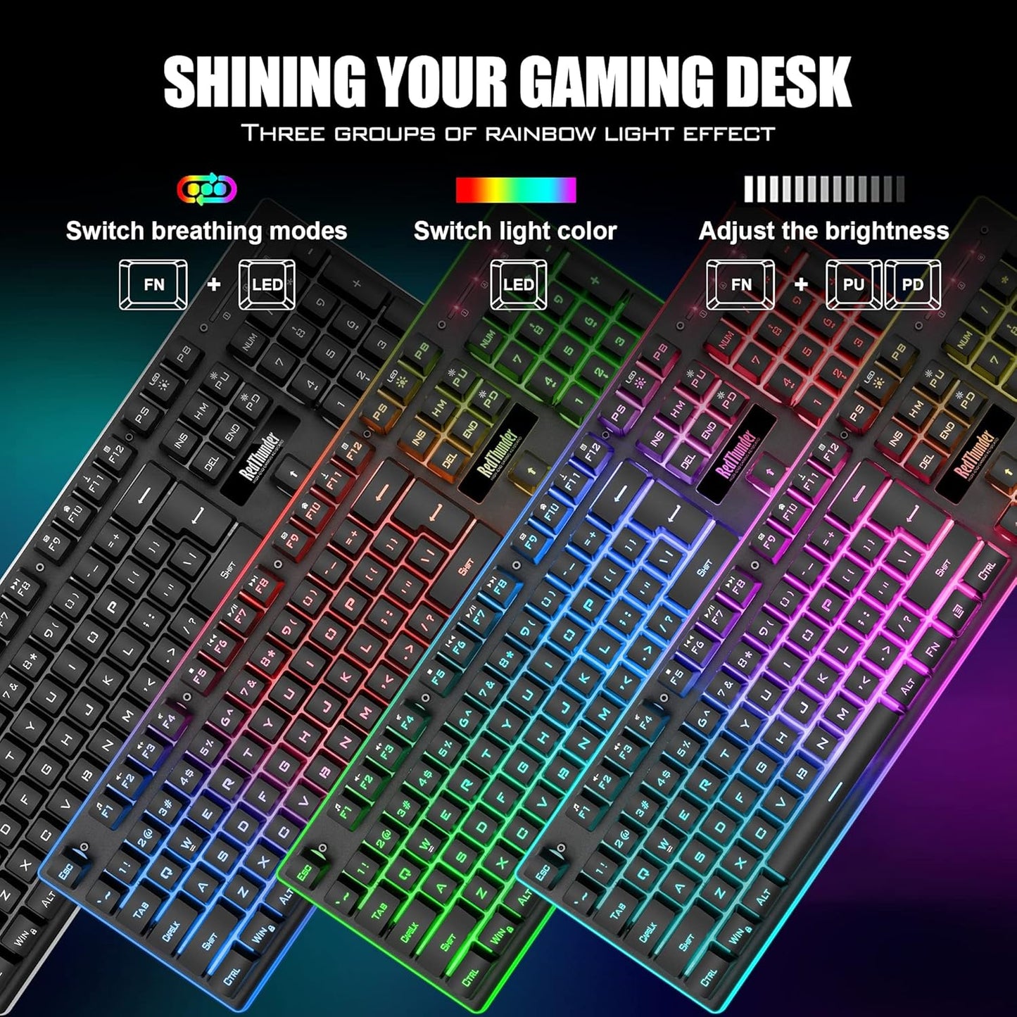 RedThunder K10 Wireless Gaming Keyboard and Mouse Combo, LED Backlit Rechargeable 3800mAh Battery, Mechanical Feel Anti-ghosting Keyboard + 7D 3200DPI Mice for PC Gamer (Black)