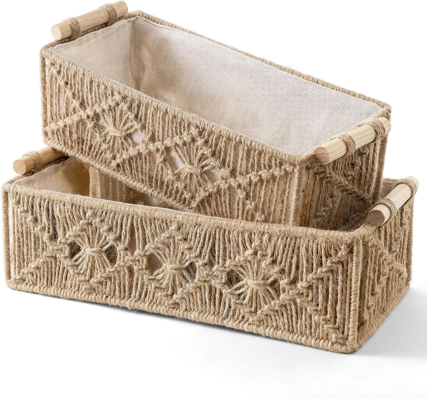 Mkono Macrame Storage Baskets Boho Decor Box Handmade Woven Decorative Countertop Toilet Tank Shelf Cabinet Organizer for Bedroom Livingroom Home, Set of 2, Ivory
